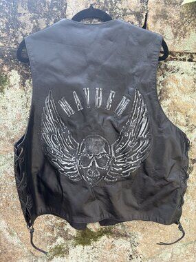 Vintage Xelement Motorcycle Leather Vest Black XL Mayhem Skull Wings Side Laces